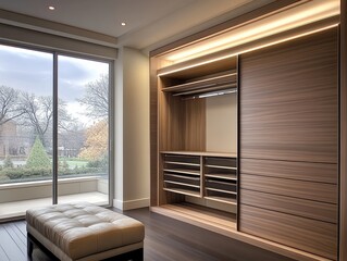 Large modern wardrobe, sliding glass doors, wood paneling, organized clothing storage, built-in shelving, minimalist design, spacious walk-in closet, natural lighting, beige tones, contemporary interi