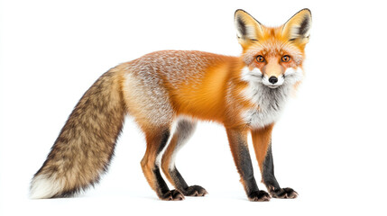 Obraz premium Side view portrait of full body length red orange fox animal isolated on white background, looking at camera. forest wildlife predator with furry tail, mammal standing.
