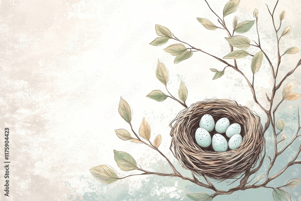 Poster hand drawn doodle of a bird nest with speckled eggs perched on a branch surrounded by leaves. genera