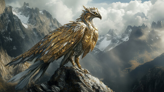 The mystical Simurgh perched on a mountaintop, its wings adorned with intricate geometric patterns glowing in gold