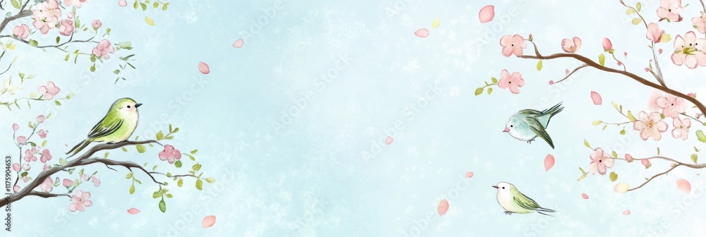 Poster hand drawn doodle of birds and cherry blossoms in a serene spring setting with a blue background. ge