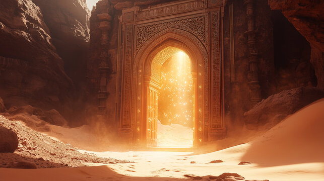 A mystical portal in the middle of the desert, framed by intricate Arabic carvings and emitting radiant light