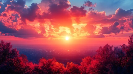 Obraz premium Vibrant Sunset Over Cityscape with Autumn Trees