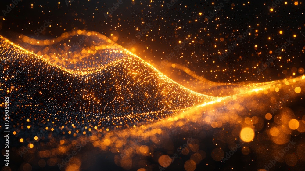 Poster a digital sunburst effect created with a golden yellow and orange web against a black background, re