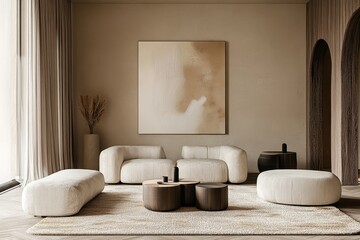 Minimalist living room, neutral color palette, beige and cream tones, curved modern sofa, round armchair, wooden coffee table, abstract wall art, floor-to-ceiling curtains, plush carpet, soft lighting