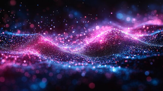 A vibrant plexus of purple and blue connections stretching across a shadowy backdrop, reminiscent of digital smoke, with a central text box