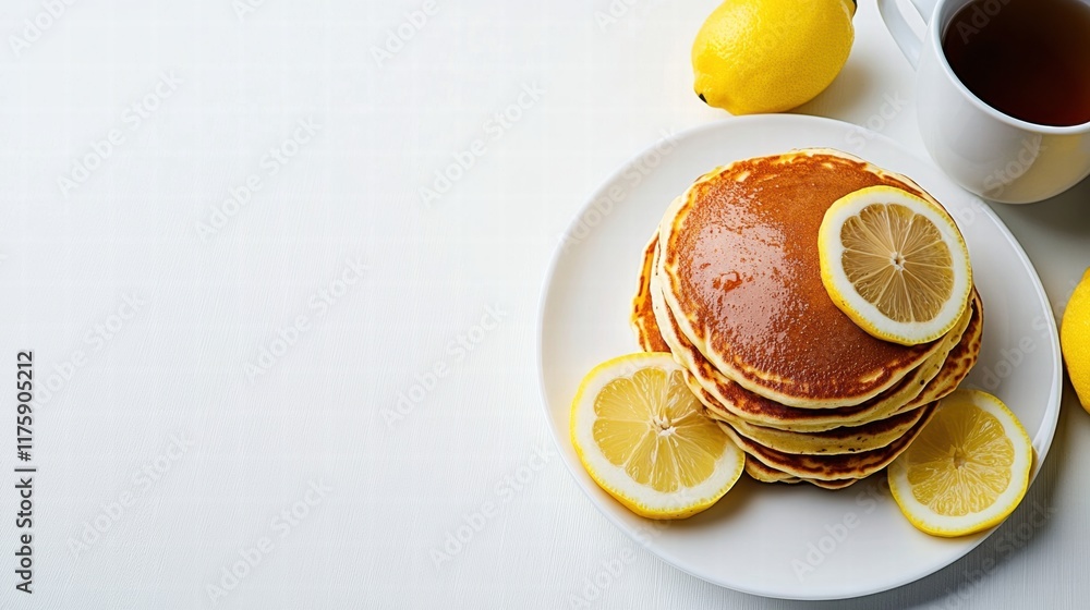 Poster delicious stack of lemon pancakes served with tea and fresh lemons on a white table. generative ai