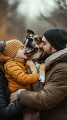 A family laughs and kisses their dog as they celebrate the joy of World Kissing Day together.