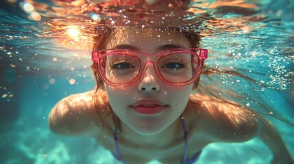 Naklejka premium Joyful Girl Swimming Underwater with Glasses