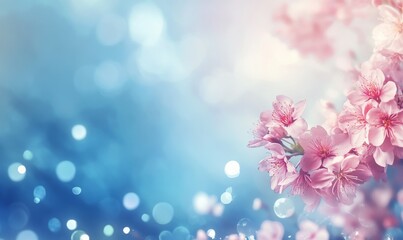 A portrait image of pink cherry tree blossom flowers blooming in springtime against a natural sunny blurred garden background of blue and white bokeh.