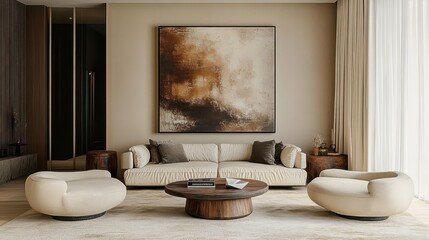 Minimalist living room, neutral color palette, beige and cream tones, curved modern sofa, round armchair, wooden coffee table, abstract wall art, floor-to-ceiling curtains, plush carpet, soft lighting