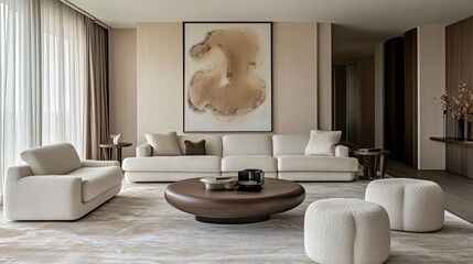 Minimalist living room, neutral color palette, beige and cream tones, curved modern sofa, round armchair, wooden coffee table, abstract wall art, floor-to-ceiling curtains, plush carpet, soft lighting
