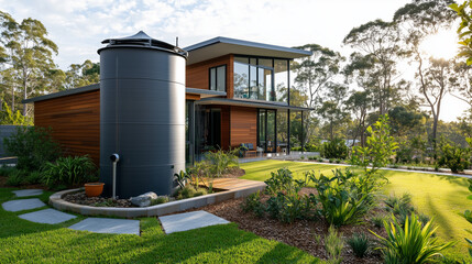 Contemporary eco-friendly home with water tank and lush yard