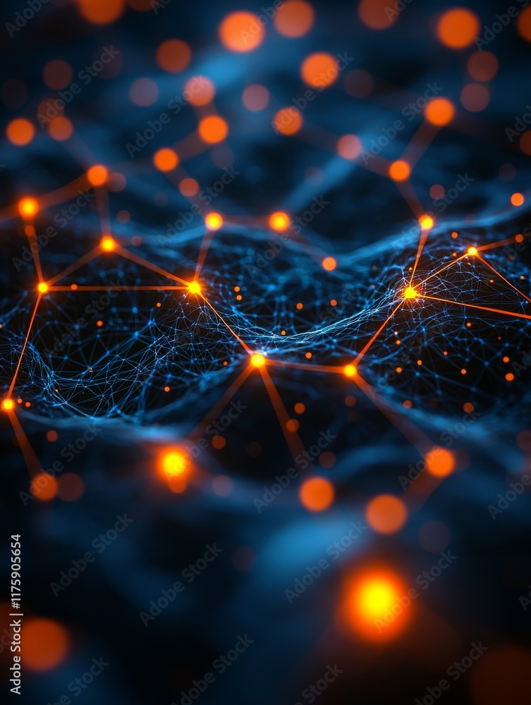 Poster close-up view of a neural network with glowing connections on a dark background, highlighting concep
