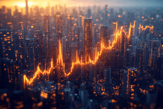 Bitcoin market graph over futuristic cityscape