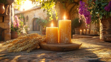 Warm Candlelit Scene with Wheat and Flowers