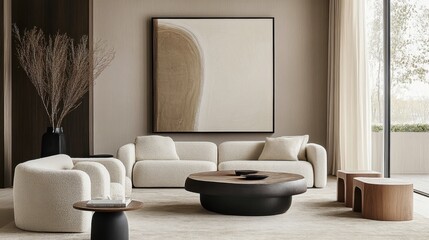 Minimalist living room, neutral color palette, beige and cream tones, curved modern sofa, round armchair, wooden coffee table, abstract wall art, floor-to-ceiling curtains, plush carpet, soft lighting