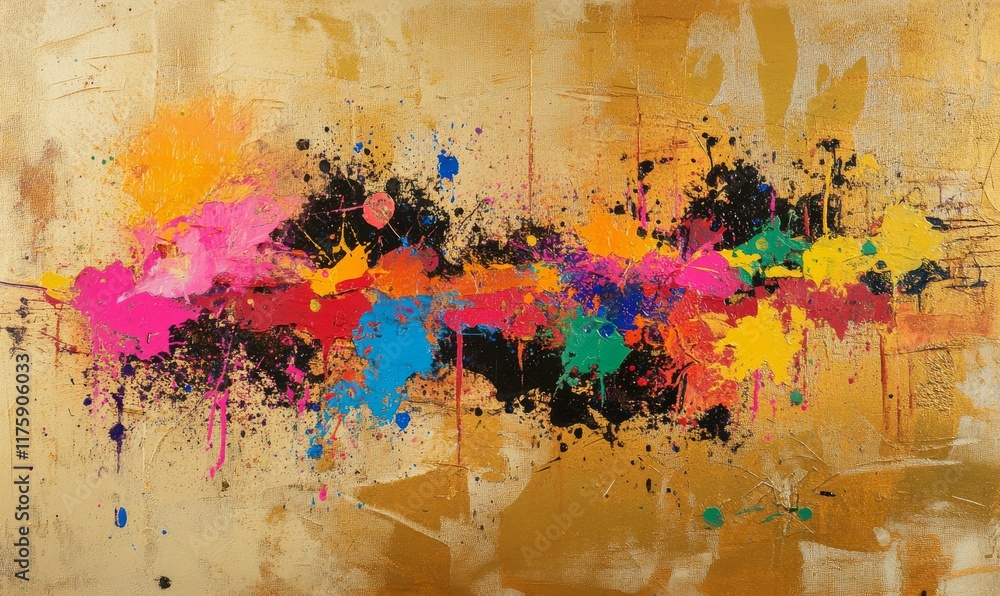 Poster an abstract and vivid design with splatters of color against a textured background.