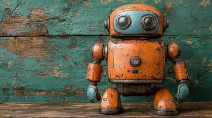 A wind-up robot toy made of metal from the past, seen walking on a table with its gears exposed