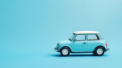 Light blue toy car on a light blue background.