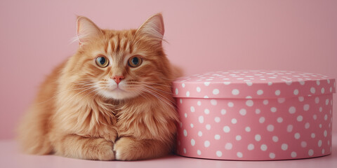Fluffy ginger cat with pink polka-dot gift box on pastel background. Cute greeting card for birthday