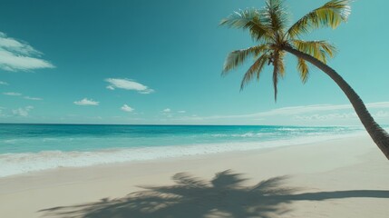 Lush palm tree leaning over pristine white sand beach, with turquoise ocean waves gently lapping the shore, creating a serene tropical paradise for summer vacations