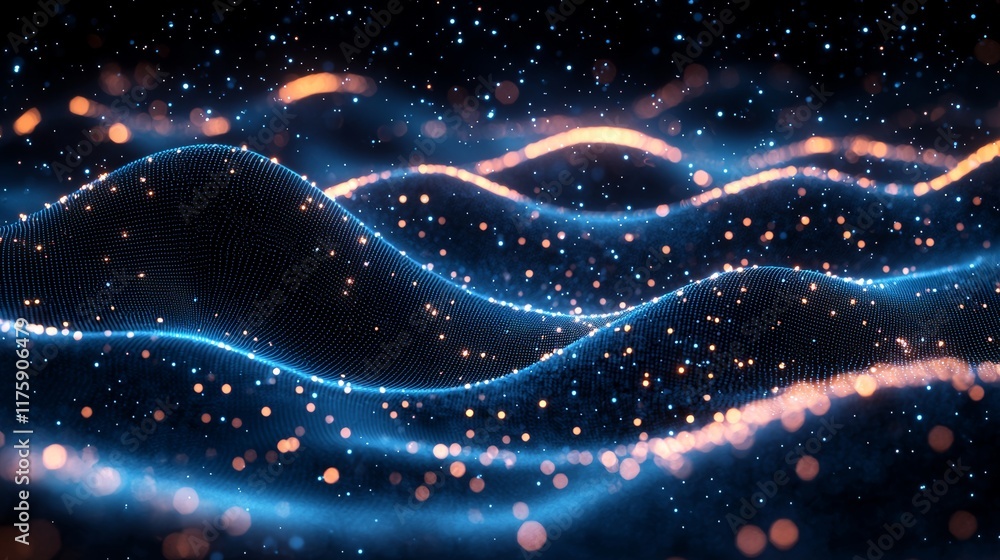 Poster an abstract blue tech background showcasing digital waves, a fluid network system, artificial neural