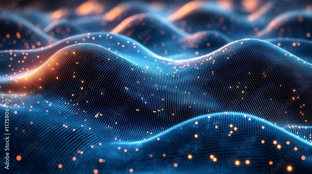 Poster abstract blue tech background featuring digital waves, a dynamic network system, artificial neural c