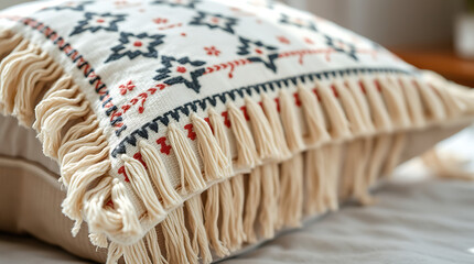 Off-white cotton cushion with embroidered geometric pattern in navy, red, and beige.  Features a thick, off-white fringe around all edges.  The cushion rests on a light beige surface.