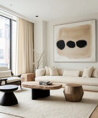 Minimalist living room, neutral color palette, white sofa, round wooden coffee tables, abstract beige artwork, textured white walls, natural light, floor-to-ceiling curtains, cozy atmosphere, earthy t