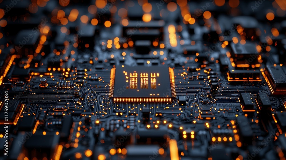 Poster a detailed close-up of a microchip on a circuit board, highlighting its intricate design and glowing