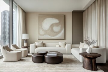 Minimalist living room, neutral color palette, white sofa, round wooden coffee tables, abstract beige artwork, textured white walls, natural light, floor-to-ceiling curtains, cozy atmosphere, earthy t