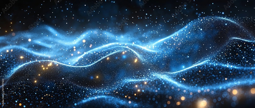 Poster the image depicts an abstract background with shimmering blue lines and a complex network of linked 