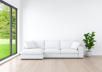 Fototapeta premium A beautifully designed minimalist home interior with a lamp, sofa, rug, and greenery