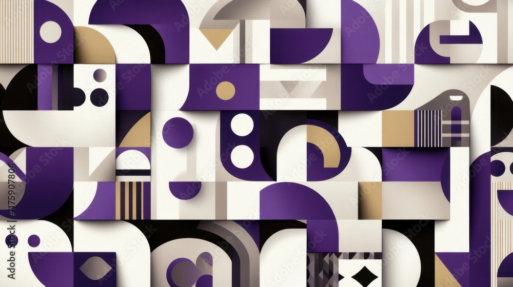Poster vibrant abstract geometric pattern with overlapping shapes in various shades of purple, white, and g