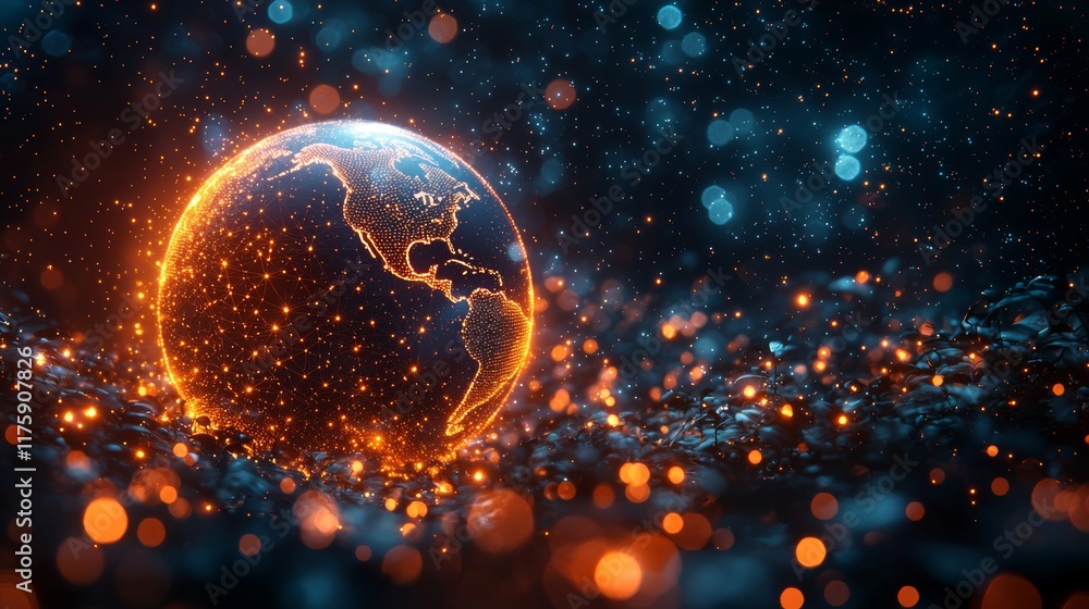 Aufkleber a futuristic image of a purple earth enveloped in a web of digital lines and network connections, re