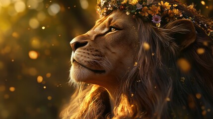 Majestic lion adorned with a floral crown, set against a backdrop of golden light and bokeh, evoking a serene and regal atmosphere