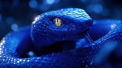 Close-up of a blue snake with a shiny, scaly body and a glowing yellow eye, coiled and ready to strike