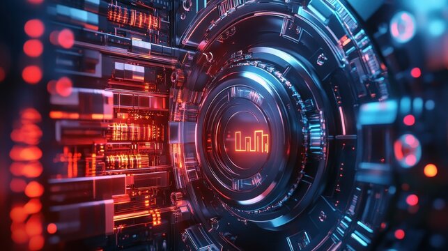 Futuristic digital clock interface with glowing red and blue circuits.