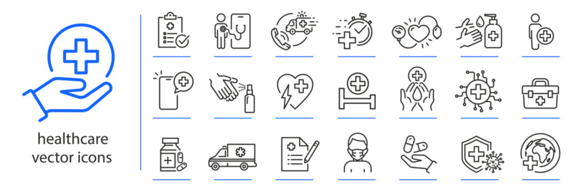 healthcare icons, medical treatment icon set, prevention health simple symbols, linear vector illustration eps10