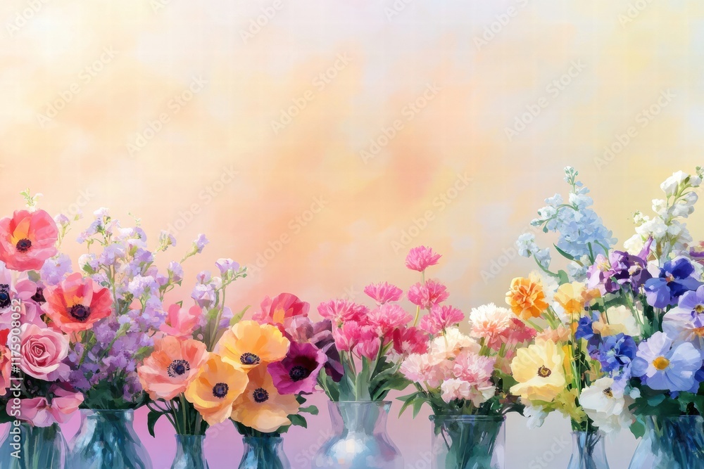Poster beautiful arrangement of colorful flowers in glass vases against a soft pastel background in a seren