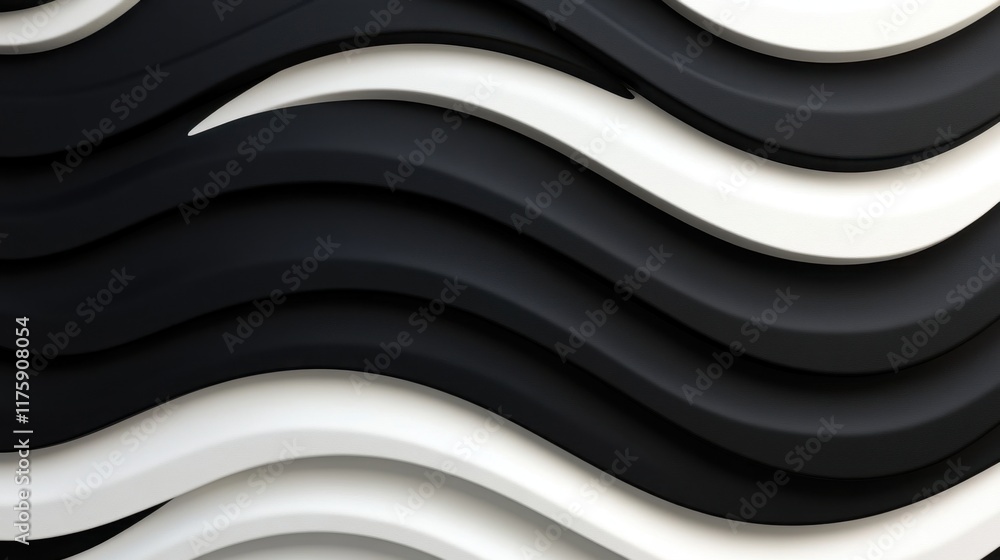 Poster pattern of undulating black and white waves, creating a sense of depth and movement