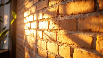 Brick wall bathed in warm, golden sunlight that casts a dramatic shadow pattern across the textured surface