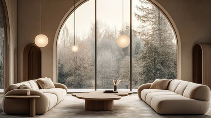 Modern luxury interior, curved arched windows, panoramic forest view, cream colored sofas, minimalist living room, round pendant lights, wooden coffee table, earth tones, natural materials, cozy atmos