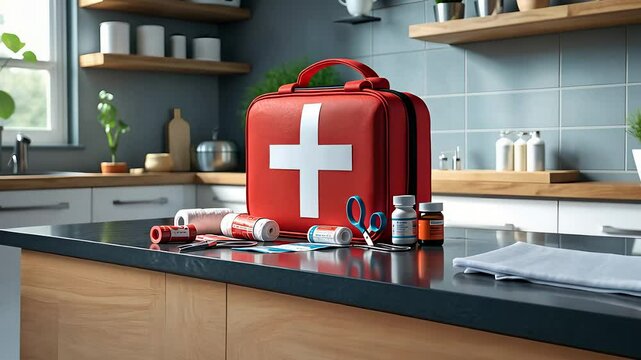 First Aid Kit with Medical Supplies on Kitchen Counter in a Bright Modern Home Ready for Emergency Situations

