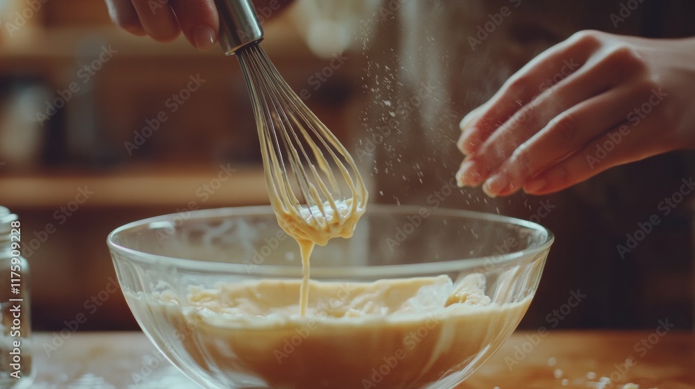 Poster whisking pancake batter in a glass bowl with hands and flour on a wooden countertop in a cozy kitche