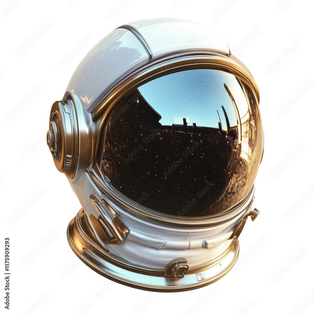 Poster an astronaut helmet with a reflective visor on a transparent background showcasing a transparent hue