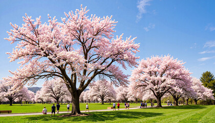 Obraz premium People enjoying springtime under blooming cherry blossoms, natural beauty