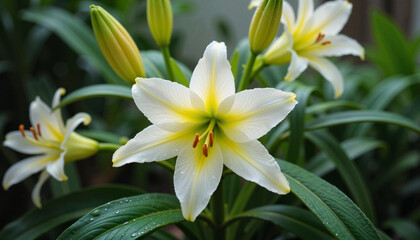 Fototapeta premium Blooming lily with water droplets in indoor plant setting, natural beauty