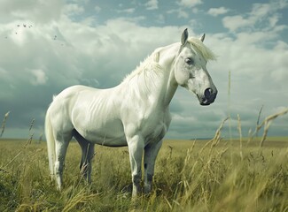 A white horse stands in a field of tall grass. AI.